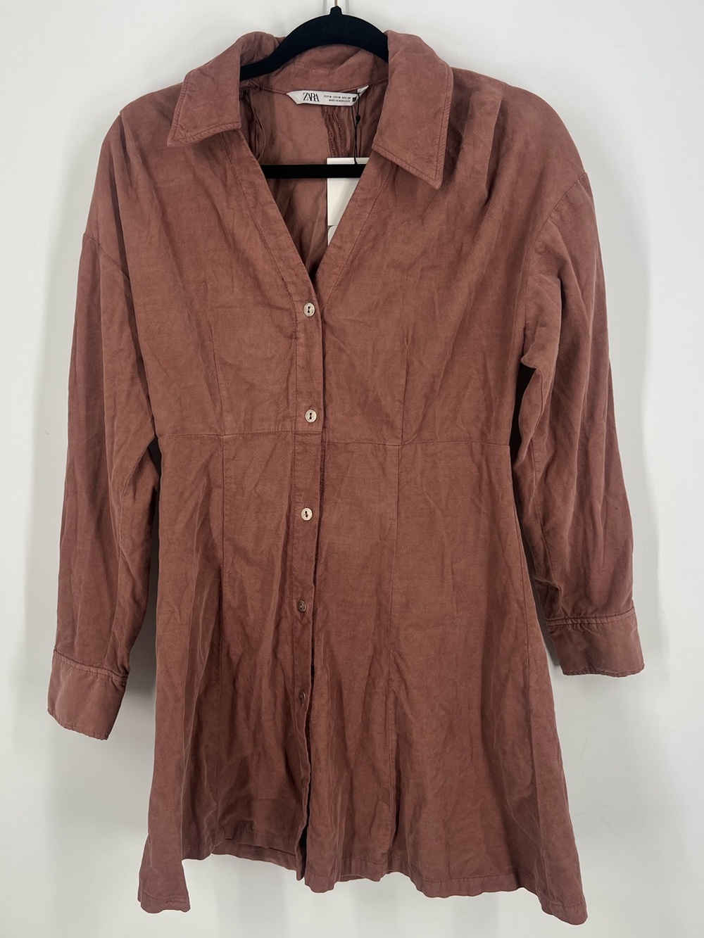 Zara Women's Dusty Rose Button-Front Suede Long Sleeve Mini Dress Size Med NWT